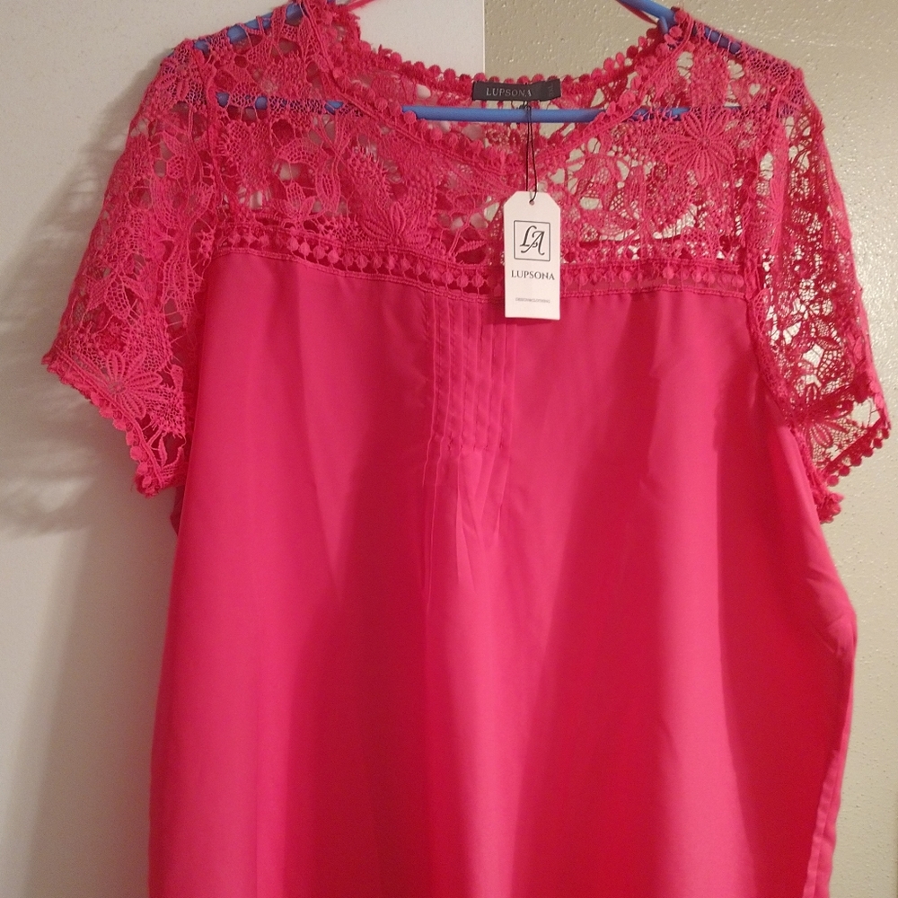 Pink silk like blouse with lace collar and sleeves